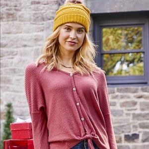 NWOT Altar’d state waffle knit blush tie front top